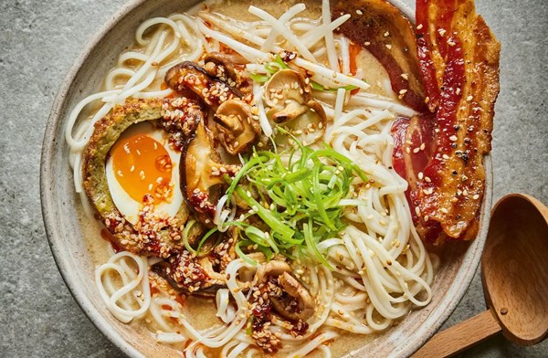 Scotch egg ramen with tahini & miso broth