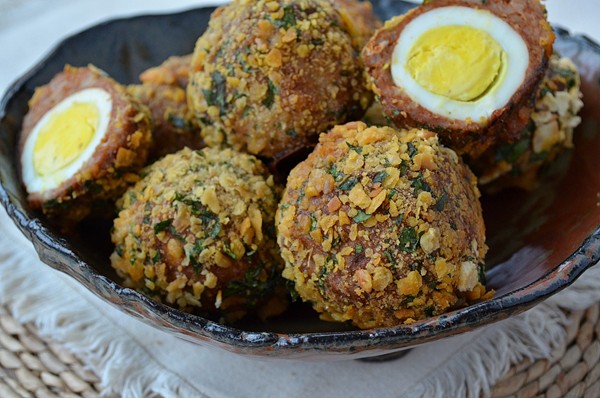 Scotch eggs with chicken chorizo