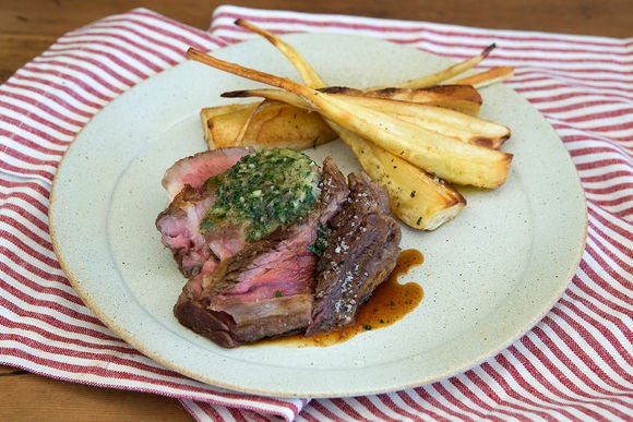 Scotch fillet steak with herb butter & parsnip wedges
