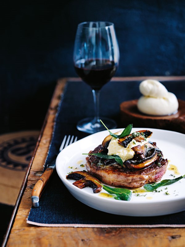 Scotch fillet steak with sage salt, mushrooms and burrata