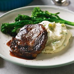 Scotch fillet steaks with cauliflower champ and black pepper sauce
