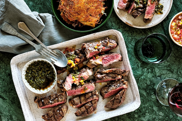 Scotch fillet steaks with salsa Criolla, chimichurri and potato latkes