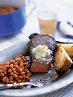 Scotch steak in the coals with stilton butter