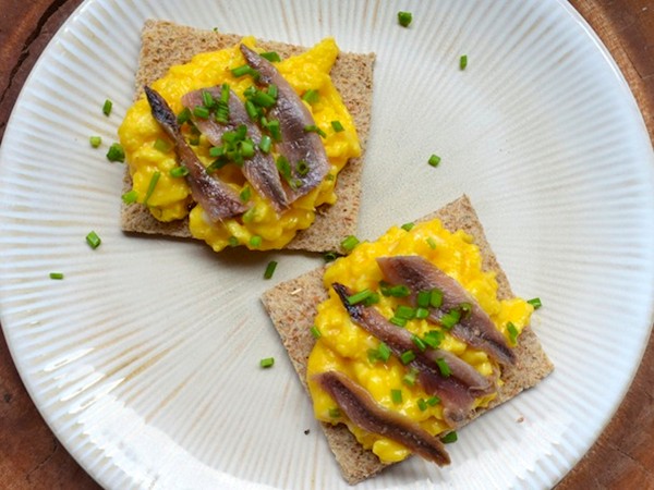 Scotch woodcock (creamy scrambled eggs and anchovies on toast)