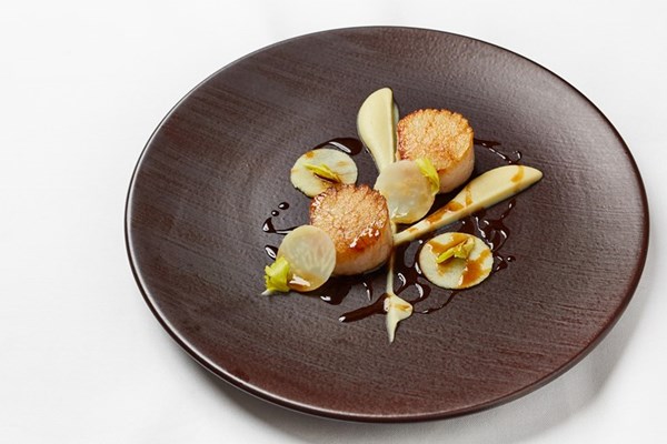 Scottish scallops with celeriac and apple purée and a roasted celeriac emulsion