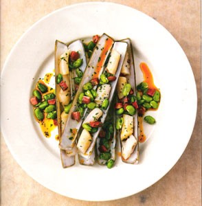 Scott's razor clams with chorizo and broad beans