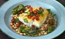 Scott's roasted cod, arrocina beans, chorizo and Padron peppers