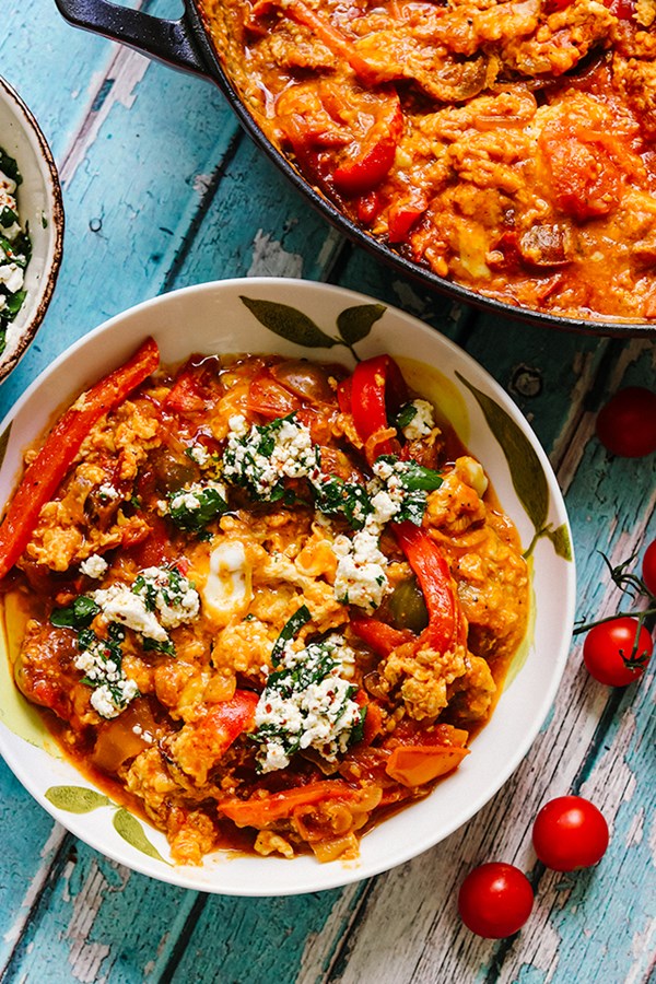 Scrambled egg red shakshuka with spicy marinated feta