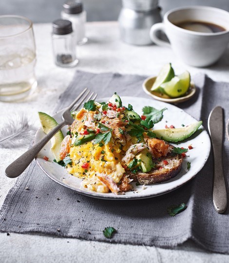 Scrambled eggs with avocado and salmon salsa