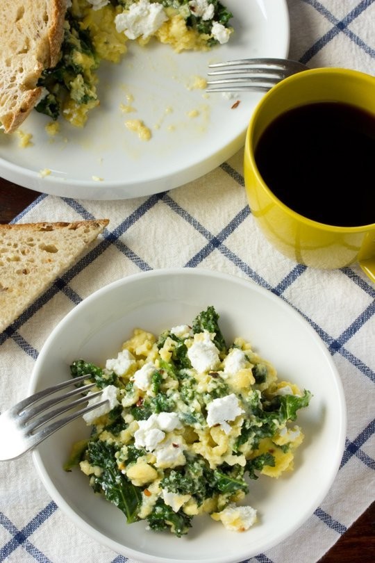 Scrambled eggs with goat cheese, Greek yogurt & greens