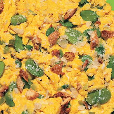 Scrambled eggs with leeks, fava beans, crispy breadcrumbs, and Parmesan
