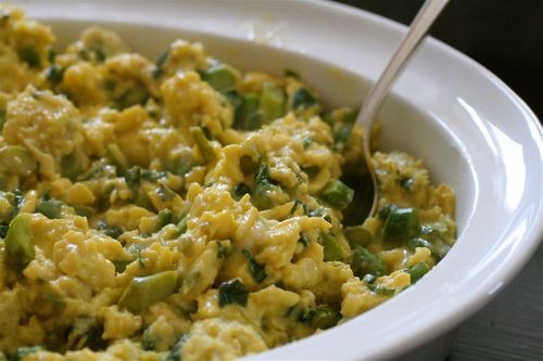 Scrambled eggs with ramps and asparagus