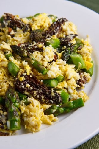 Scrambled eggs with ramps, asparagus and morel mushrooms