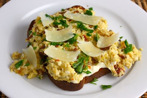 Scrambled eggs with sundried tomato and Parmigiano Reggiano