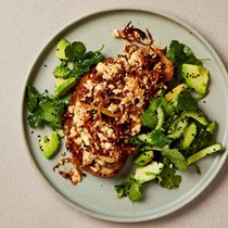 Scrambled tofu with avocado and cucumber salad