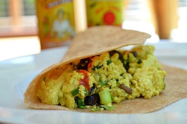 Scrambled tofu with black beans, chilies, and cilantro
