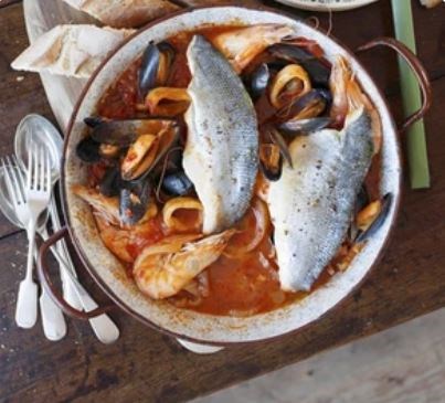 Sea bass & seafood Italian one-pot