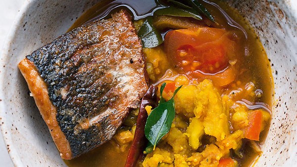 Sea bass and turmeric potatoes in rasam broth