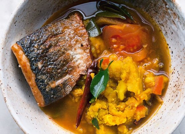 Sea bass and turmeric potatoes in rasam broth