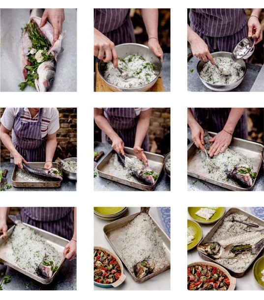Sea bass baked in herbs & salt
