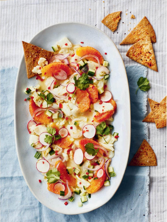 Sea bass ceviche with corn tortilla chips