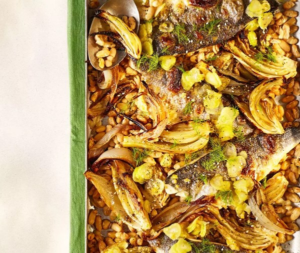 Sea bass, fennel & cannellini bean traybake
