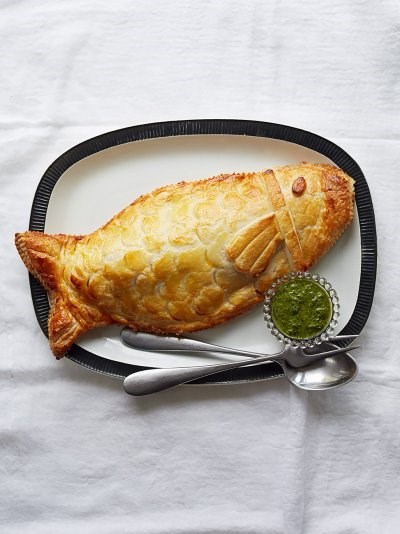 Sea bass in puff pastry with salsa verde