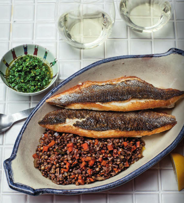 Sea bass, lentils & salsa verde
