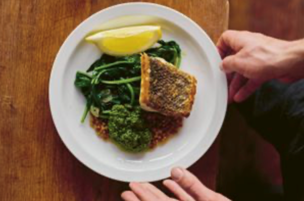 Sea bass, lentils, spinach and salsa verde