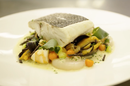 Sea bass mariniere with fennel, British shellfish and sauce Normande