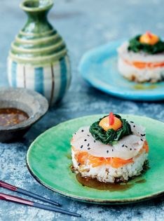 Sea bass sushi Gangnam style with yuzu-pon dressing, pickled daikon & carrots, spinach & sesame