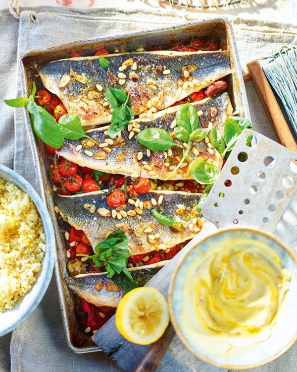 Sea bass traybake with peppers and pine nuts recipe
