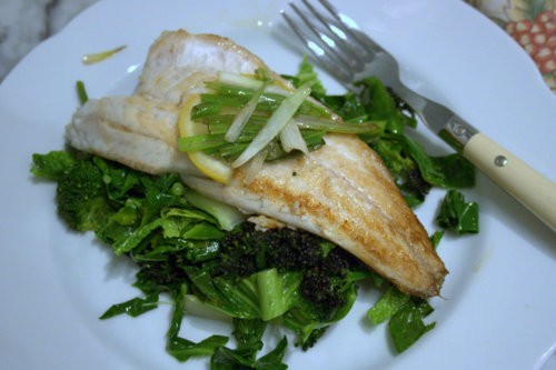 Sea bass with Asian greens