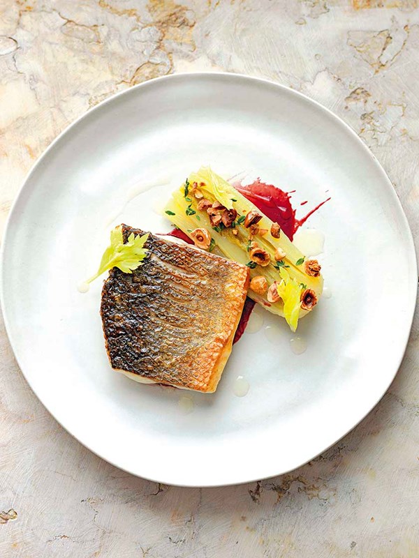 Sea bass with black grape sauce and celery