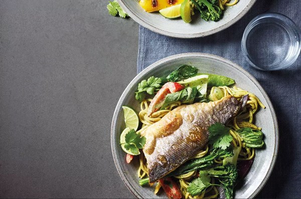 Sea bass with coriander & tahini noodles