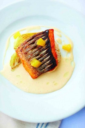 Sea bass with crab mayonnaise, roasted fennel and orange