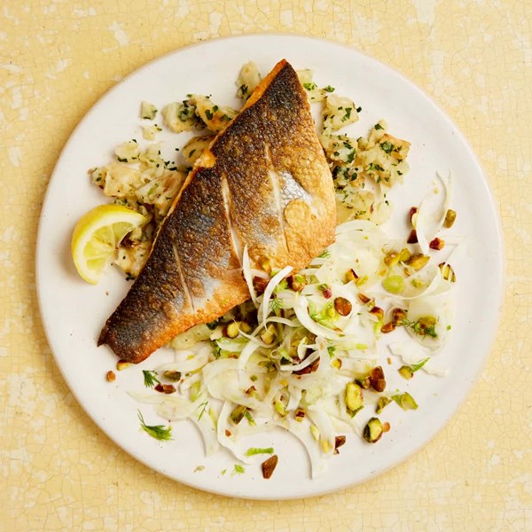 Sea bass with fennel and pistachio salad