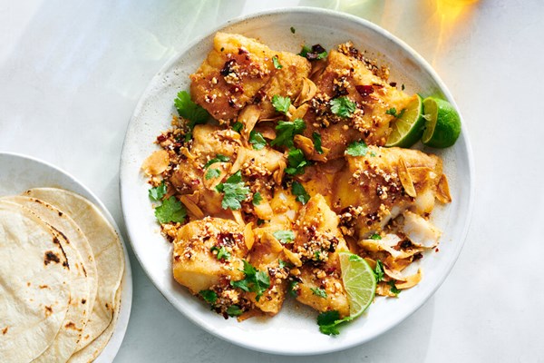 Sea bass with garlic chips and salsa macha