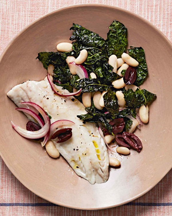 Sea bass with kale and cannellini beans
