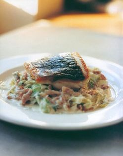 Sea bass with leek carbonara