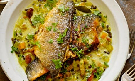 Sea bass with lentils and pancetta