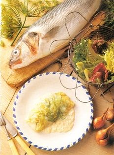 Sea bass with lettuce and herbs
