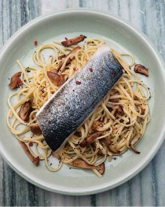 Sea bass with linguine and wild mushrooms