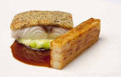 Sea bass with mustard crust and potato terrine