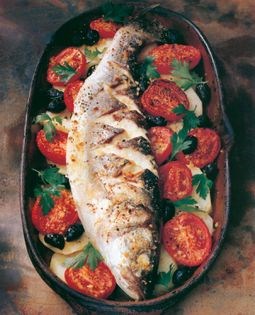 Sea bass with olives & roast tomatoes
