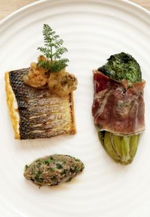 Sea bass with oyster marmalade (Fillet of sea bass with braised gem lettuce and oyster marmalade)