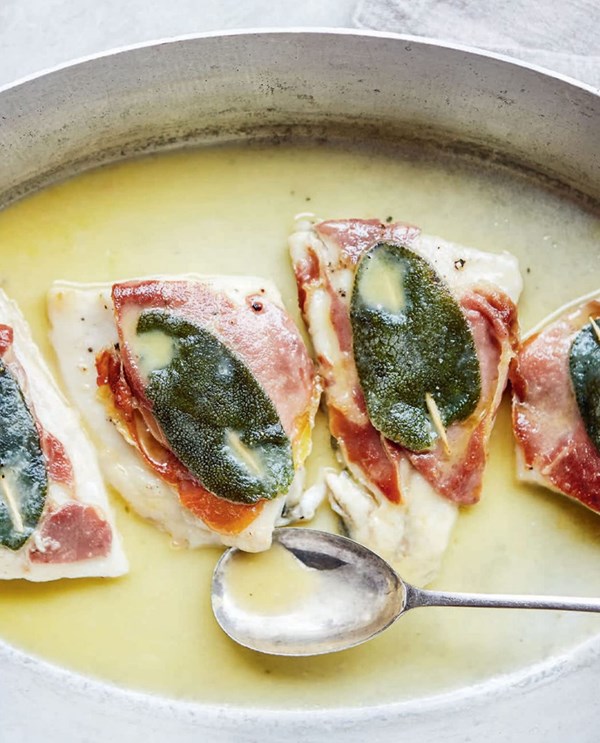 Sea bass with Parma ham and sage leaves (Saltimbocca di spigola)