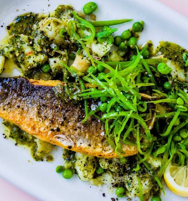Sea bass with parsley and anchovy 'pesto'