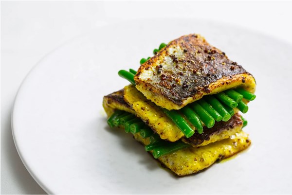 Sea bass with pickled mustard seeds and green beans [Peter Joseph]