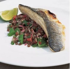 Sea bass with Puy lentil salsa